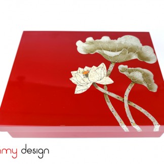 Red rectangular lacquer box hand-painted with lotus 